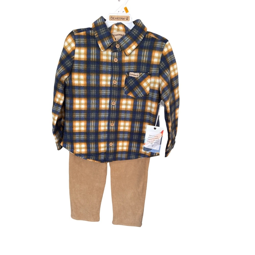 Boys BearPaw Plaid Flannel Fleece‎ hoodie + corduroy plants 3T NWT